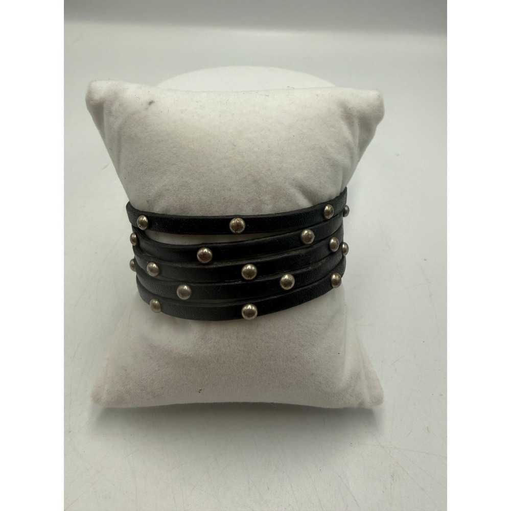 Black Faux Leather Multi Strand Studded Cuff Bracelet Punk Biker Edgy Wrap